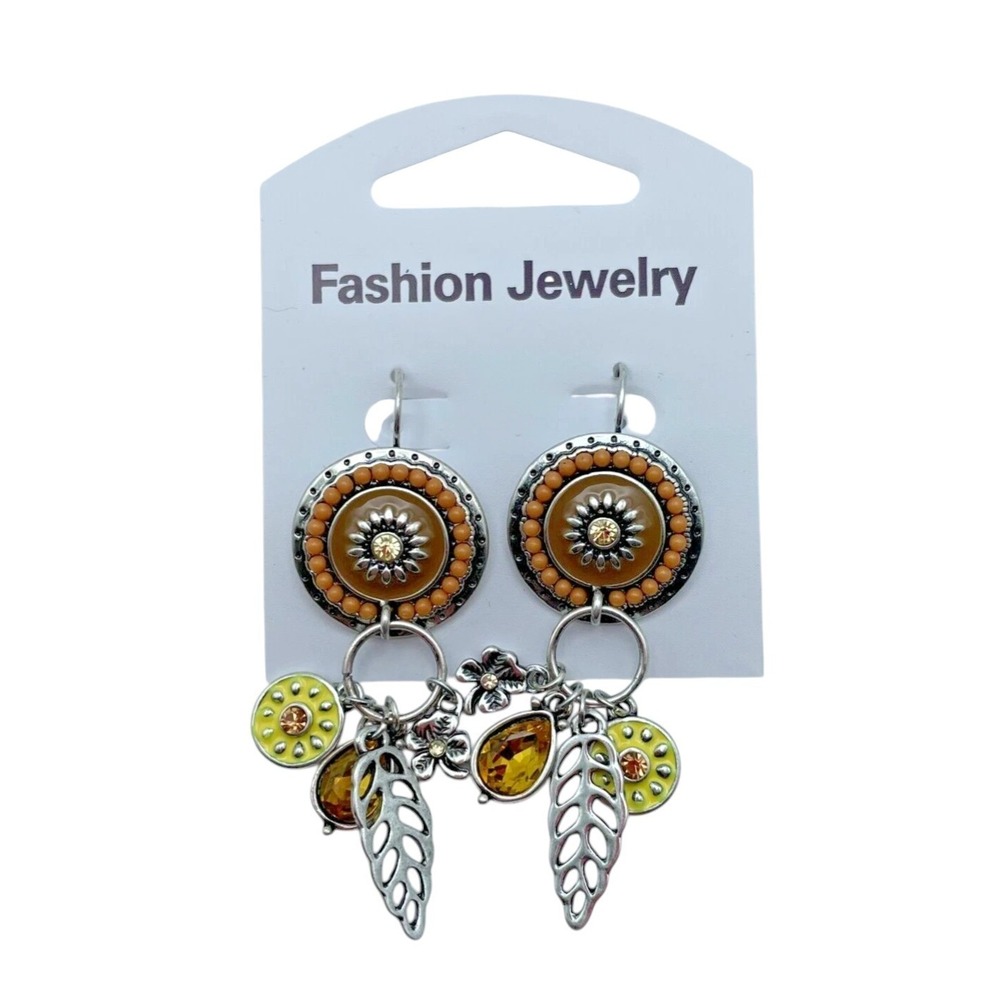 Tribal Celestial Charms Style Silver Tone Amber Dangle Drop Pierced Earrings - Picture 16 of 16